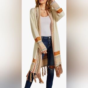 Aztec Tribal Long Cardigan Cream Open Front Sweater with Fringe Hem Medium